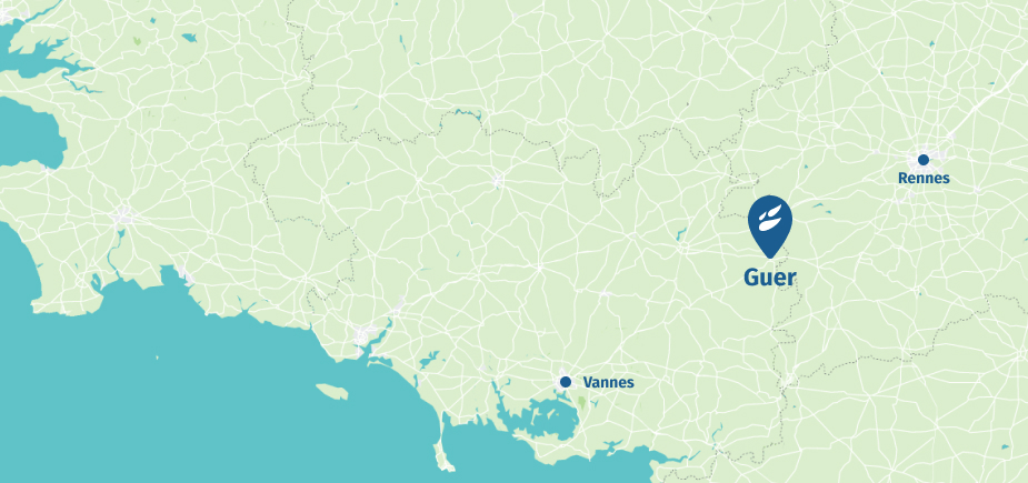 Carte qui permet de localiser la ville de Guer, qui se situe entre les villes de Rennes et Vannes